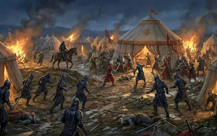 Osmanlı ordu kampına yapılan gece baskını; çadırlar alevler içinde, askerler savaşırken ortalıkta kargaşa ve çatışma sahnesi.